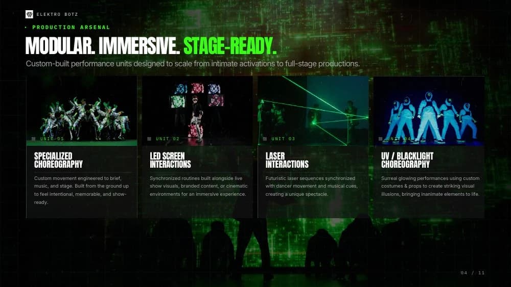 A press kit spread presents choreography, LED, laser, and blacklight performance formats