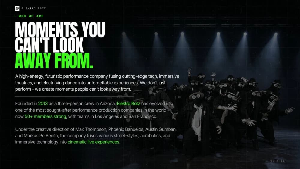 The press kit introduces the performance company and its creative approach